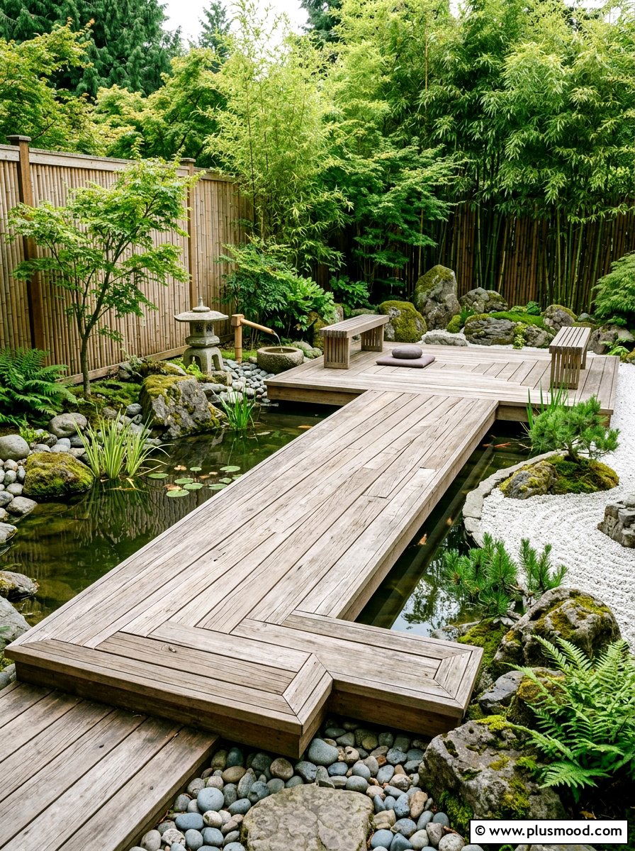 Zen garden pool with bamboo and wood deck - 25 pool landscaping ideas with wooden deck