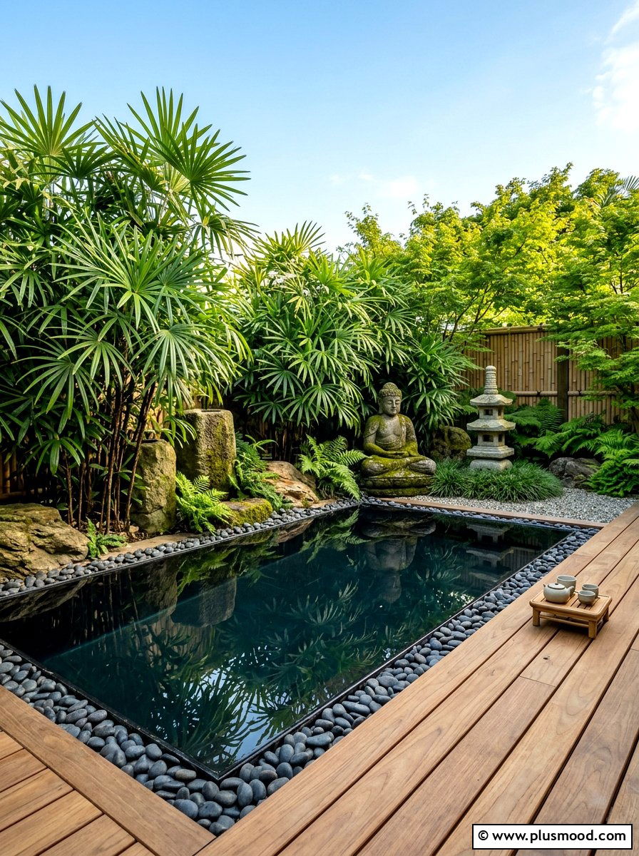 Zen pool design with lady palms - 25 summer pool landscaping ideas with palms