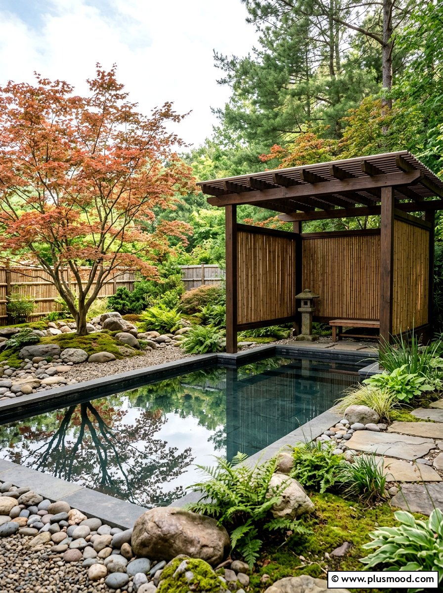 Zen pool garden with pergola - 25 pool landscaping ideas with pergola shade