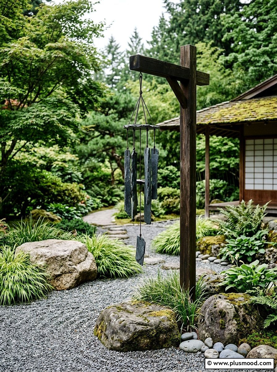 Zen stone meditation space - 25 outdoor garden decor ideas with wind chimes