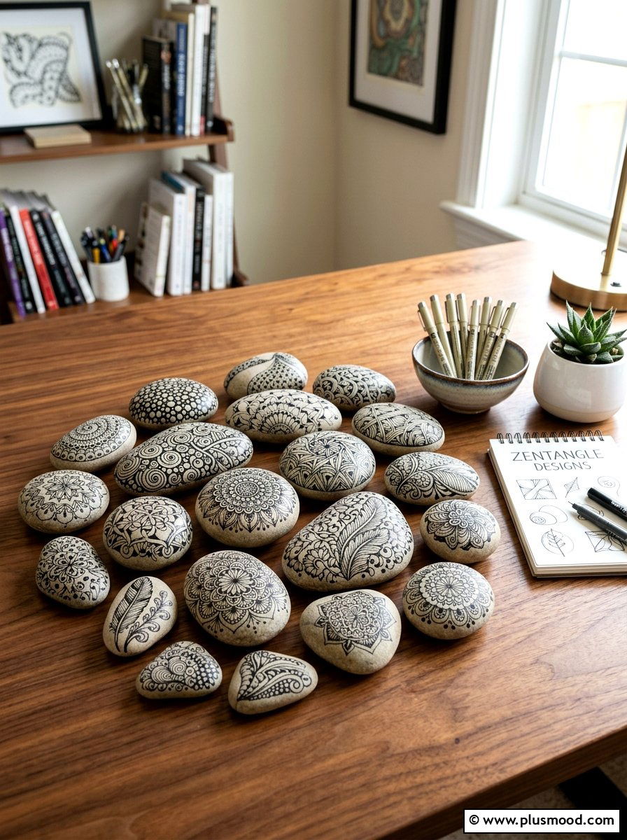 Zentangle Art Stone - 25 painted rock ideas for tabletop display