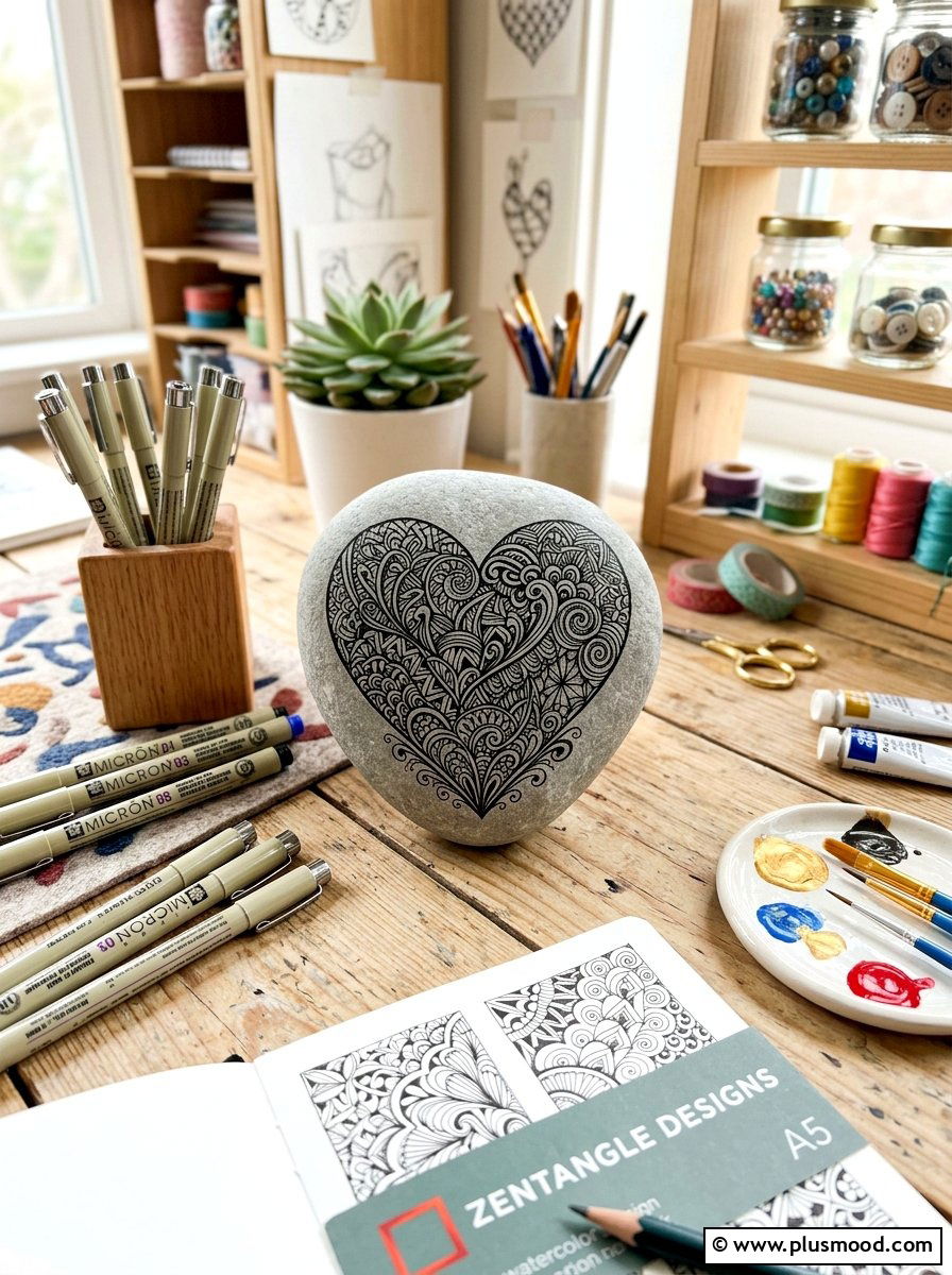 Zentangle Heart Stone Craft - 25 painted rock ideas with hearts