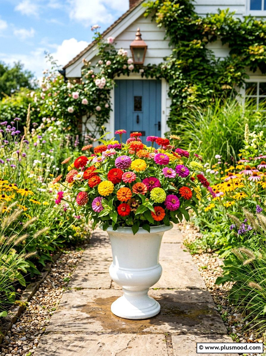 Zinnia Colorful Entrance Planter - 25 summer porch urn ideas