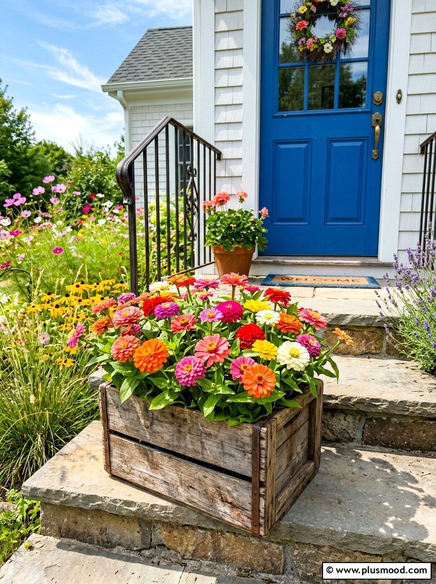 Zinnia Flower Colorful Entry Pot - 25 summer container ideas for front door