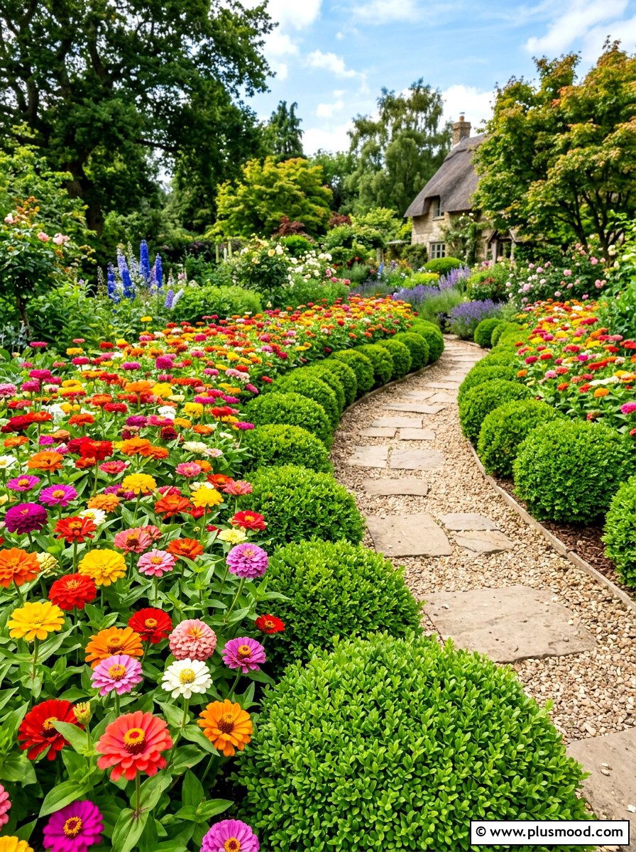 Zinnia and boxwood row - 25 summer evergreen and flower mix ideas
