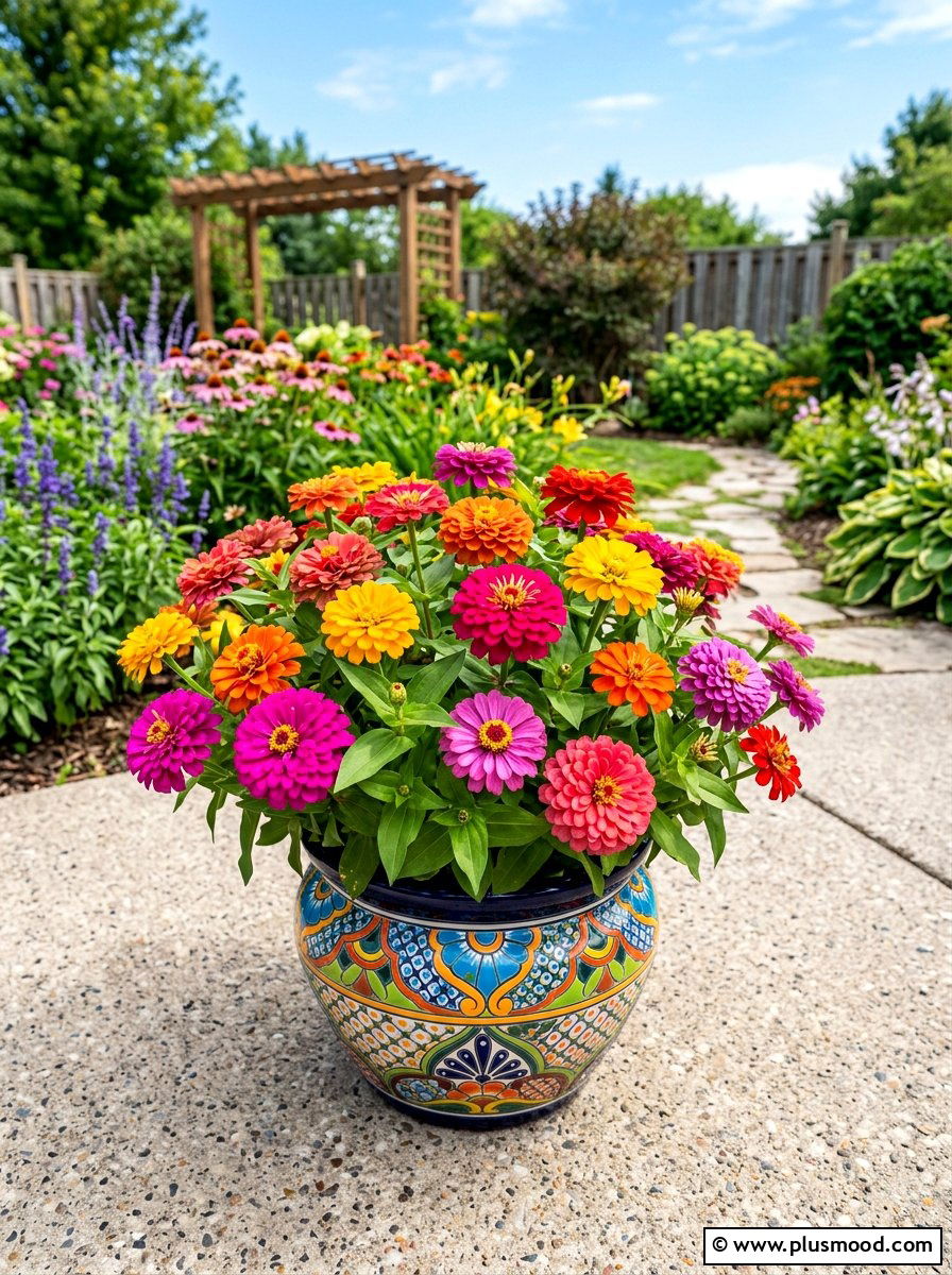 Zinnia patio pot - 25 summer planter ideas for full sun