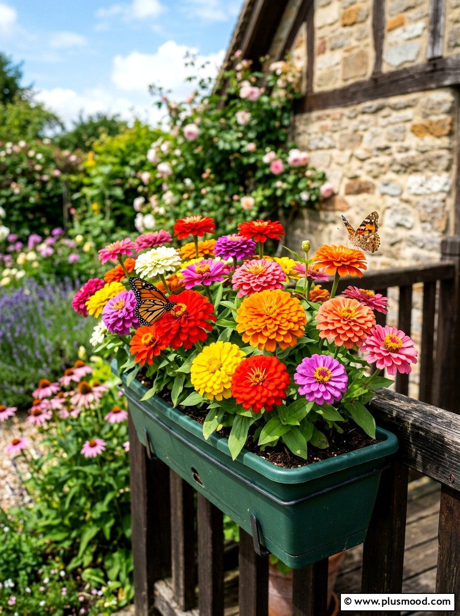 Zinnia summer flower box - 25 summer balcony flower ideas
