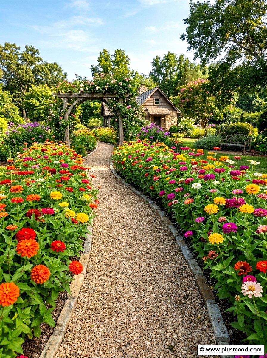 Zinnia walkway lining - 25 summer zinnia garden ideas