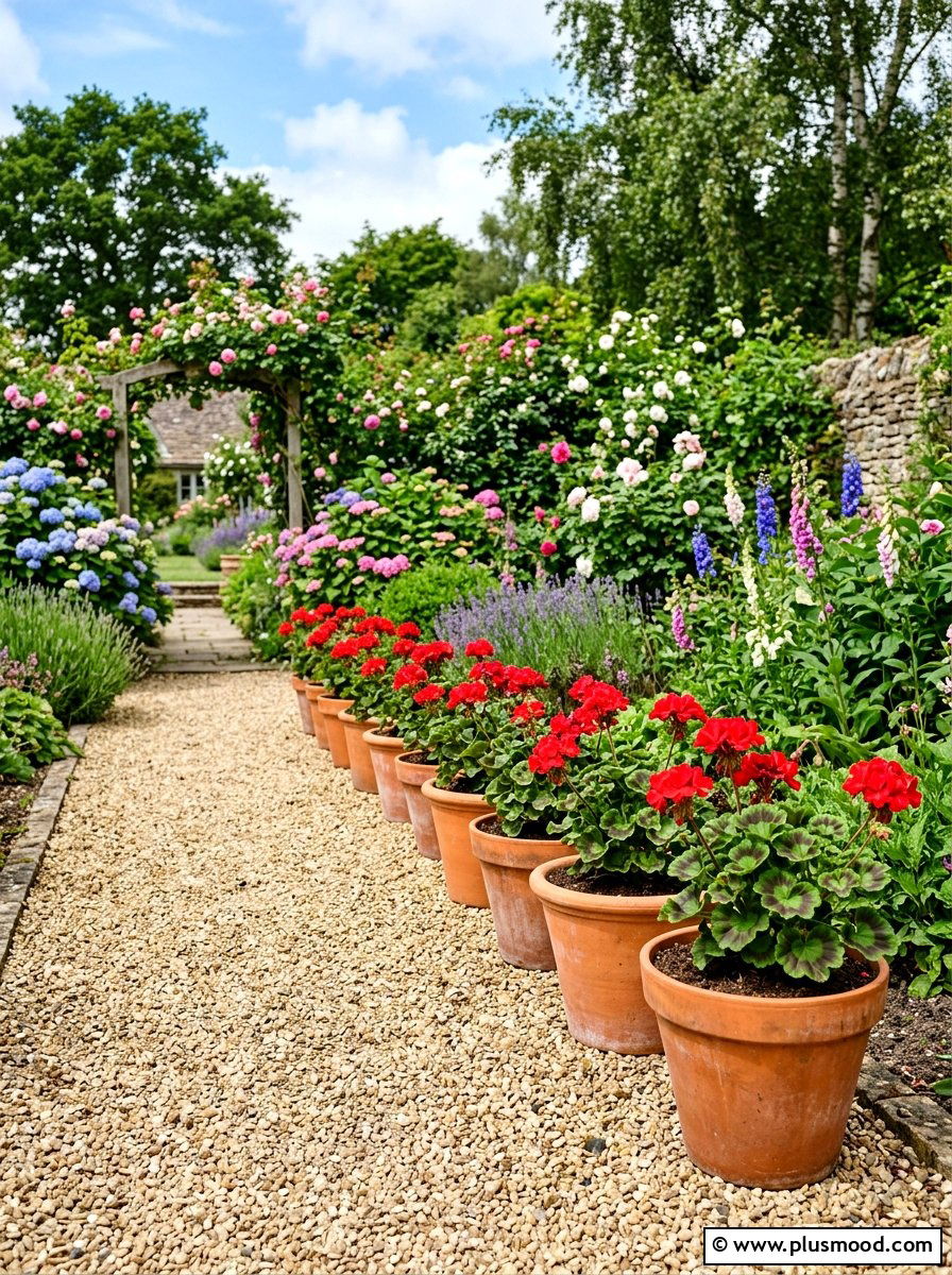 Zonal geraniums in clay pots - 25 summer planters with geraniums ideas