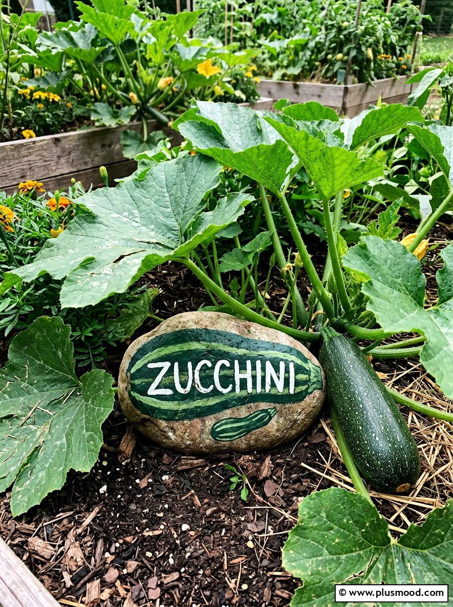 Zucchini Garden Label - 25 painted rock ideas for plant markers