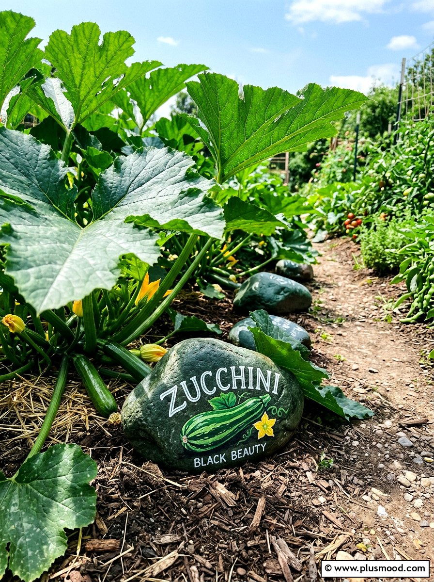Zucchini garden markers - 25 painted rock ideas with vegetable garden labels